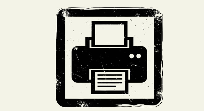 Black printer icon with grunge texture on beige background, office technology symbol