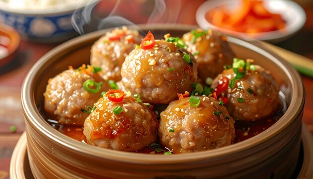 Tender steamed meatballs glistening with savory sauce and topped with chili and scallion