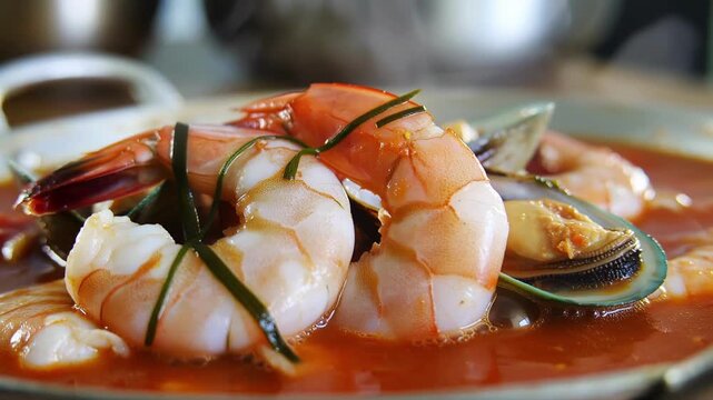Succulent prawns and mussels in spicy tomato broth with chive garnish on blurred restaurant background concept of coastal seafood dining atmosphere