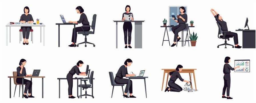 Flat Modern Illustration Woman Working Postures Office Daily Routine Ergonomics Business Character Activity Set