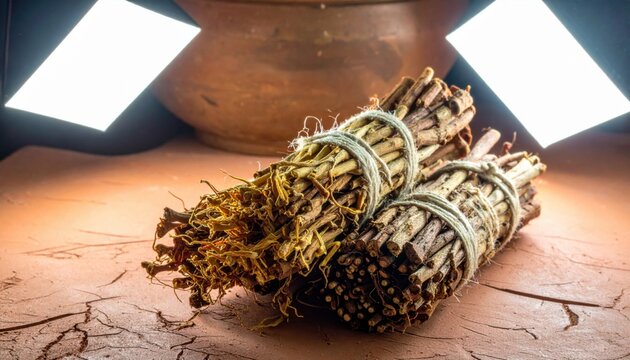 Bundles of dried medicinal roots tied with natural fiber rest on a textured clay surface.