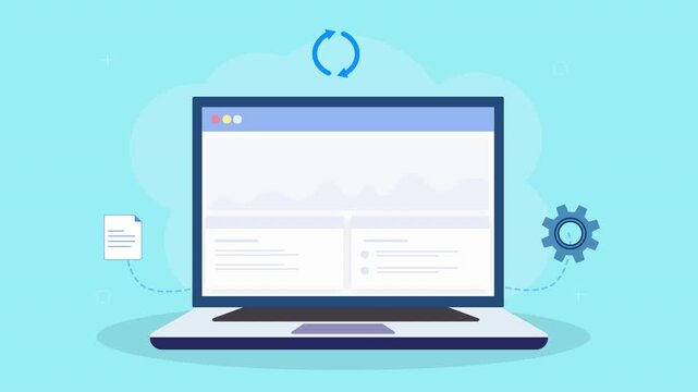 Animated laptop showing system integration dashboard with settings gear, sync process, and workflow elements in clean flat design on teal background.