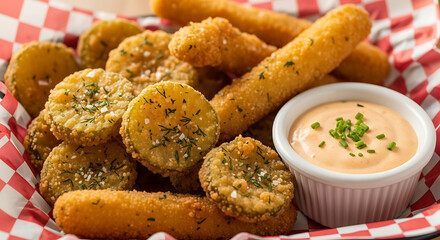 Fototapeta premium Crispy fried pickles with creamy dipping sauce in checkered basket