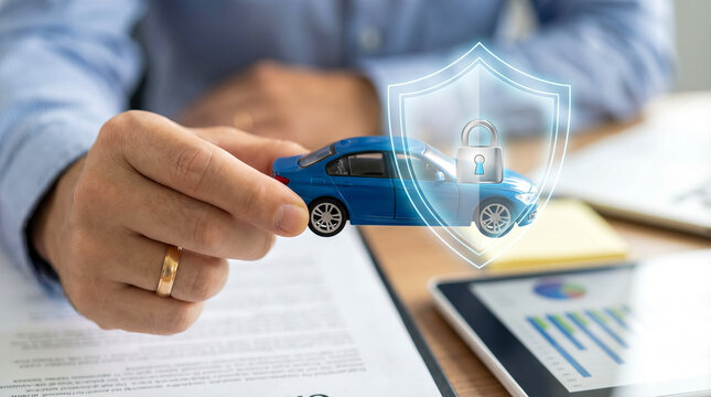 Auto insurance secure protection concept businessman hand holding blue toy car shield padlock icon financial risk coverage safety vehicle warranty legal contract
