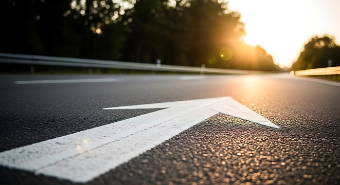 Closeup of white right turn arrow road marking on asphalt highway surface