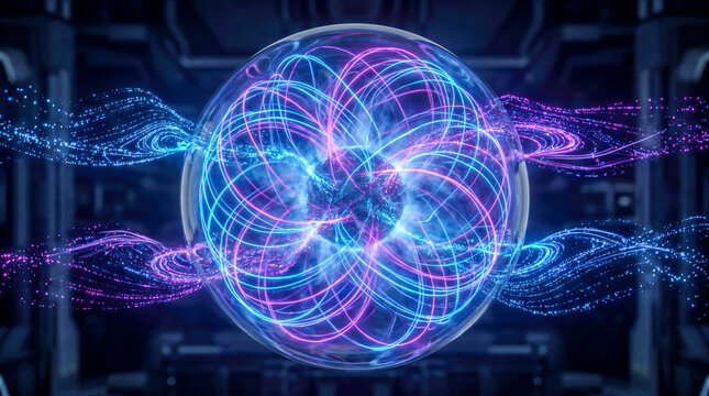 glowing plasma sphere neon light energy waves quantum physics core dark sci fi background futuristic power source magnetic field fusion technology concept