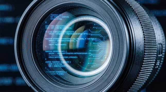Professional camera lens reflecting glowing blue computer programming code depicting computational photography artificial intelligence surveillance futuristic digital software technology concept