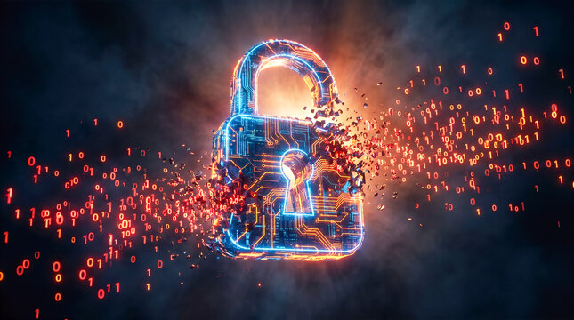 Glowing digital padlock breaking into binary code visualizing cyber security data breach hacking concept with neon blue orange lighting on dark futuristic background