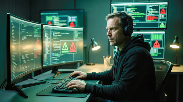 Serious male hacker wearing black hoodie working intently across multiple computer monitors displaying complex code red warning alerts inside dark glowing security room