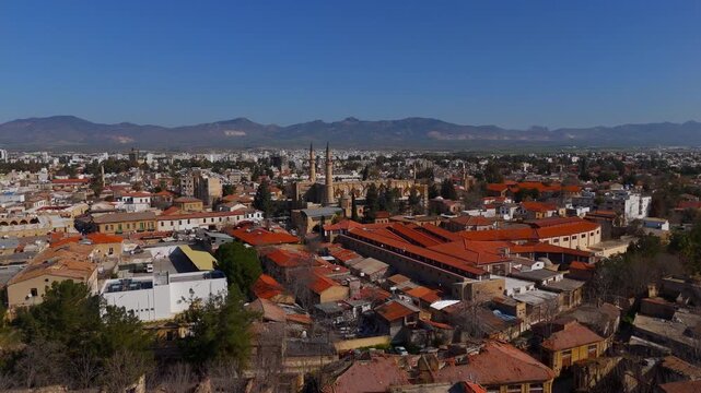 Selimiye Mosque Aerial Approach Low Altitude Drone Flight Over Nicosia Walled City