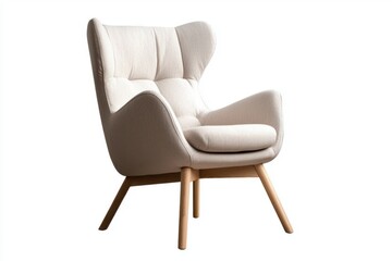 Fototapeta premium Comfortable lounge chair soft upholstery modern armchair cushioned seat wooden leg beige fabric isolated on white interior furniture sitting chair home decor