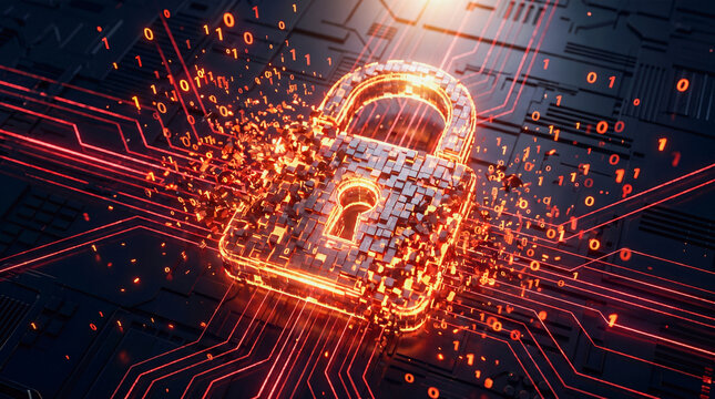 Glowing digital padlock breaking into tiny cubic fragments over complex circuit board background conceptualizing cyber security breach hacking attack data privacy vulnerability