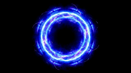 Obraz premium Futuristic circular neon portal glowing blue energy ring electric light effect abstract technology background cyber space digital interface magic power science fiction