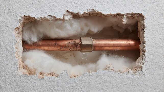 Opened drywall cavity exposing copper pipe with clamp and dripping moisture indicating leak detection and water damage.