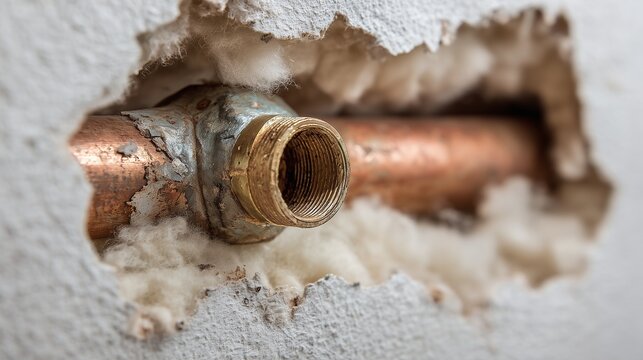 Opened drywall cavity exposing copper pipe with leaking joint and visible dripping moisture indicating active leak and water damage risk.