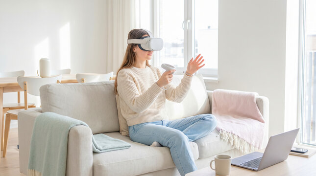 Virtual reality lifestyle woman wearing headset sitting sofa living room home entertainment metaverse immersive experience digital gaming technology future leisure casual indoors