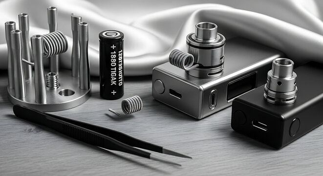 Vaping hardware and accessories for electronic cigarettes, including mod, tank atomizer, coils, and tools, presented on a silk background