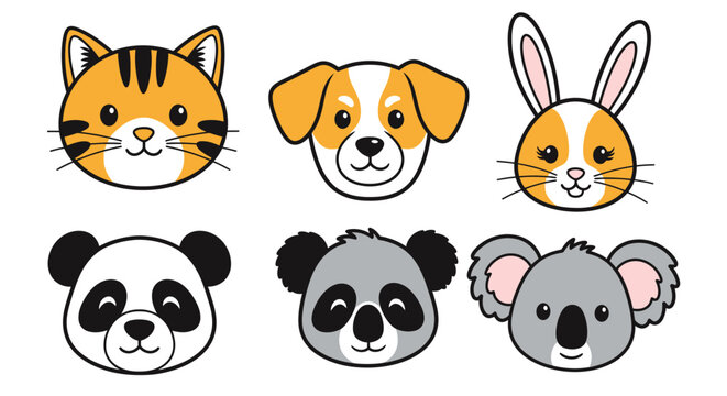 Cartoon animal heads cat dog bunny panda koala collection illustration