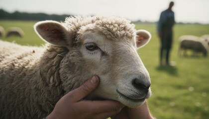 Obraz premium Person hands gently cupping face of white sheep in green meadow under bright sunlight during spring season on rural farm