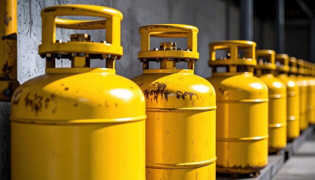 Row of bright yellow propane gas cylinders stands against gray concrete wall in industrial storage facility for energy fuel