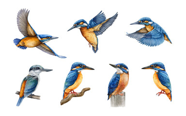 Kingfisher clipart watercolor set with flying and perched birds, hand drawn wildlife illustration for nature design, detailed feathers, bird collection, isolated on transparent background. © anitapol