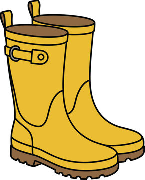 Bright yellow rubber rain boots for outdoor adventures, perfect for gardening, farming, camping, and children's playful puddle jumping; ideal for muddy, wet environments in a simple, clean vector grap