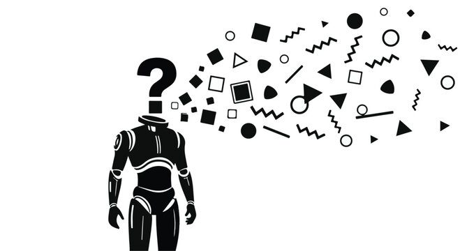 Robot with a question mark head processes complex information and abstract geometric.