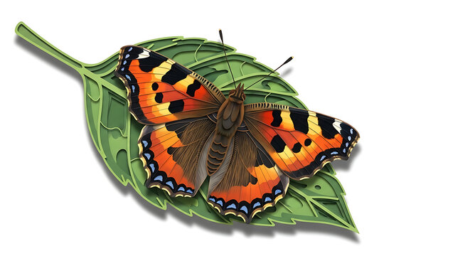 Small tortoiseshell butterfly resting on a green leaf, detailed wings with orange black and blue patterns, isolated on white, nature macro view