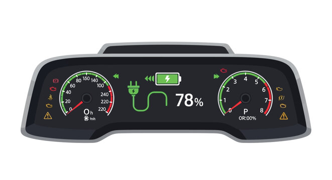 Modern electric vehicle digital dashboard displaying battery charge at 78 with charging plug icon and gauges for speed and engine rpm isolated on white background futuristic