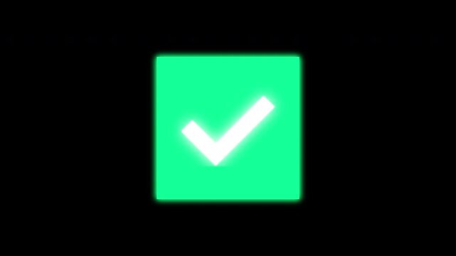Glowing checkmark rising from bottom bounce animation neon ui effect Prores Alpha Channel 4K 60fps
