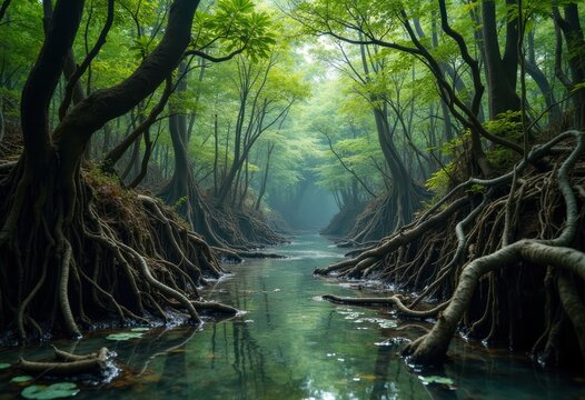 Twisted Root Systems Mangrove Swamp Water Depth View Under Canopy