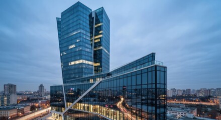 Naklejka premium Modern glass building against a twilight sky