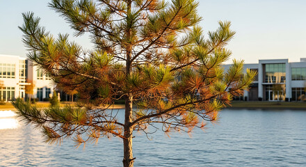 Obraz premium Small evergreen tree with green and brown needles in the foreground, calm water and modern buildings in background during golden hour, peaceful landscape