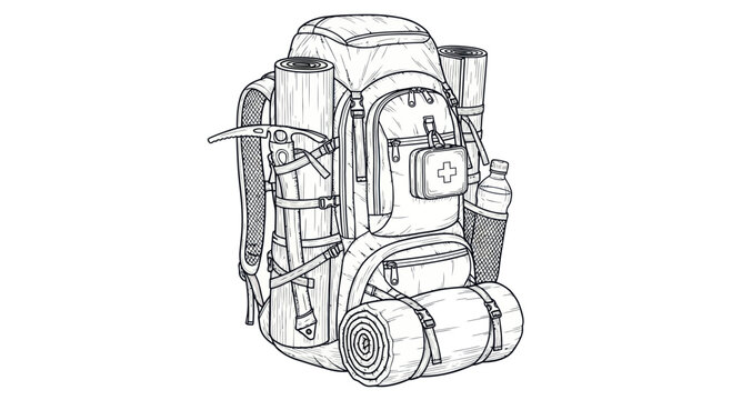 Hiking Backpack Sketch with Outdoor Gear, Ice Axe, First Aid Kit, Water Bottle