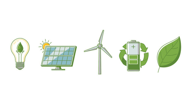 Clean energy sources solar panel wind turbine and battery icons