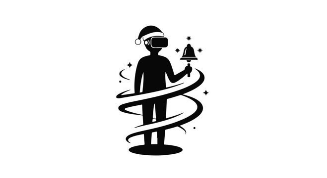 Person wearing a virtual reality headset and santa hat rings a holiday bell.
