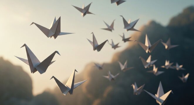 Paper cranes fly through cloudy skies at sunset