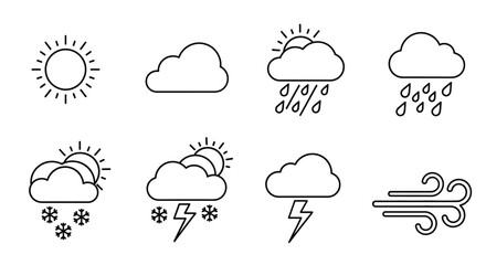 Fototapeta premium Weather forecast line icons featuring sun cloud rain snow storm and wind symbols for meteorological apps and climate dashboard design in high quality clean vector style isolated on white background