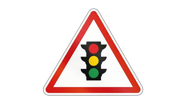 Yellow triangular road sign with traffic light symbol indicating pedestrian crossing ahead