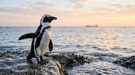 Obraz premium African penguin standing on rocky shore at sunset, wild jackass penguin by the ocean, coastal wildlife photography with soft evening light