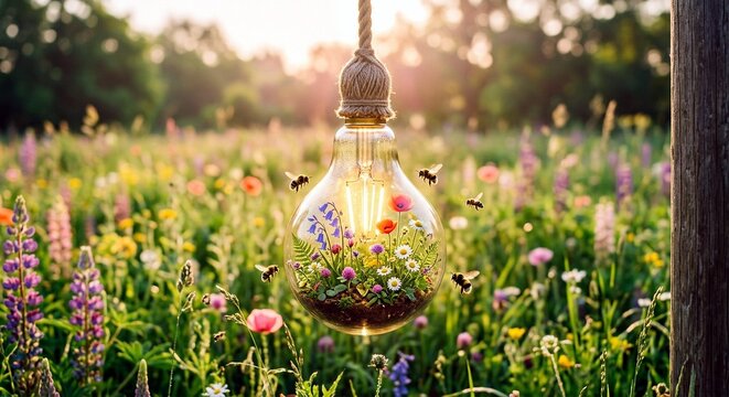 Glass Light Bulb Filled with Blooming Wildflowers and Bees in Sunny Meadow