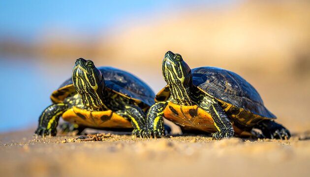 Close-up of two turtles with striking yellow stripes and shell patterns basking in the sun near water. The turtles look into the distance