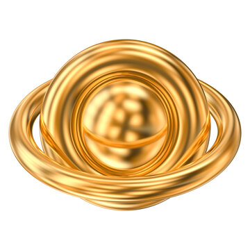 Abstract shiny golden 3D render of a central sphere surrounded by thick concentric metallic rings