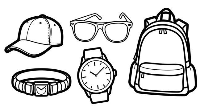 Accessories collection backpack glasses watch belt and cap in outlines