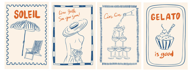 Italian summer vacation vintage posters. Hand drawn la dolce vita placard. Amalfi or Sicily of vintage frame with image of Italian Mediterranean, champagne, woman, for invitations, cards, placard © PawLoveArt