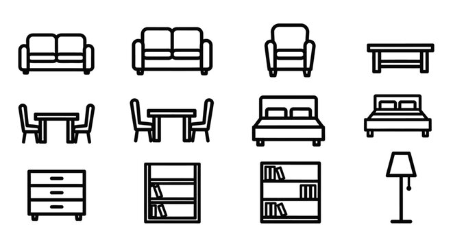 Furniture icons set sofa chair tables bed chest shelves and lamp