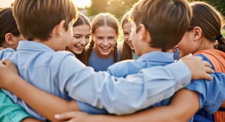 Obraz premium Group of Children Engaging in Team Building Activities Outdoors During Golden Hour