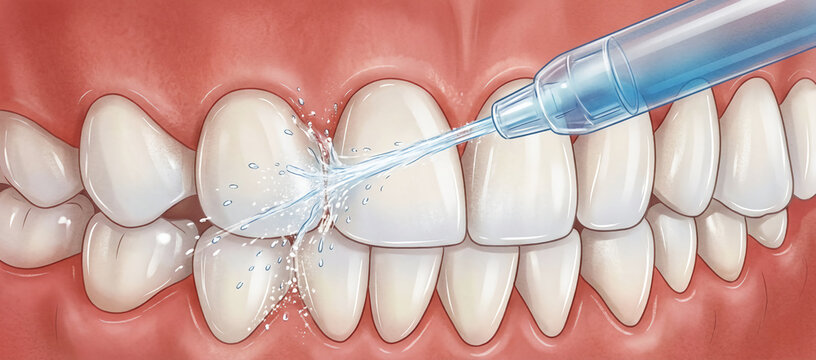 An illustration of a dental water flosser spraying a high-pressure stream of water between teeth and along the gumline to remove plaque and debris, highlighting oral hygiene and gum health.
