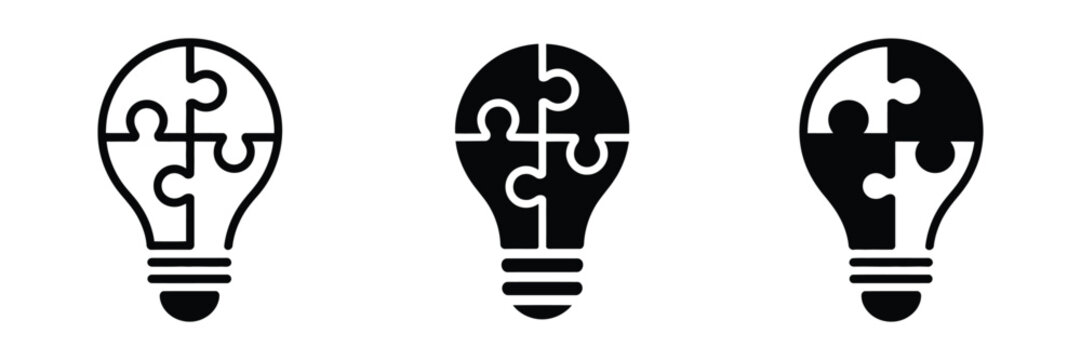 Puzzle light bulb icon symbolizing creative problem solving, collaboration, team innovation, strategic thinking, vector illustration