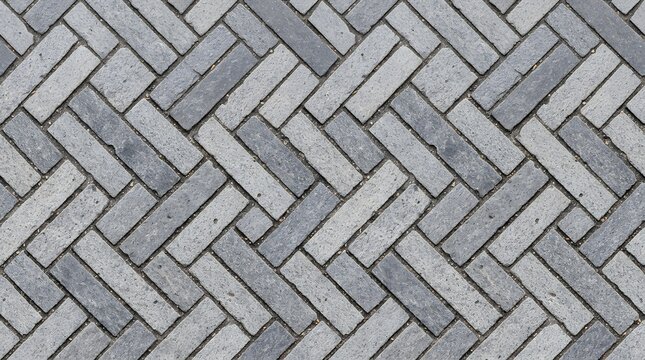 Herringbone pattern gray paving stones, interlocking concrete brick walkway texture, modern outdoor stone pavement background for landscaping